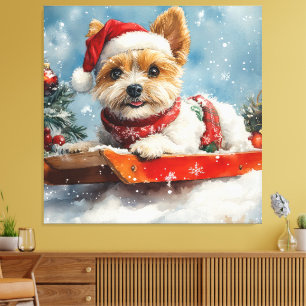Impressão Em Tela Cachorro Biewer Terrier no Trenó Deixe Nevar Natal