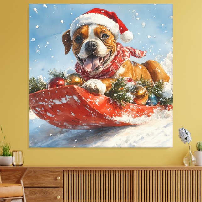 Impressão Em Tela Cachorro Boxer em Trenó Deixe Nevar Natal (Insitu(Sala de estar))