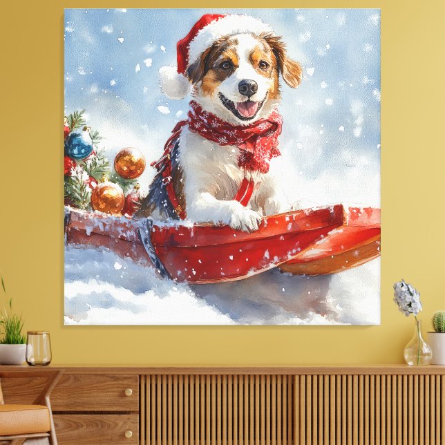 Impressão Em Tela Cachorro Brittany Spaniel no Natal do Sledge (Insitu(Sala de estar))