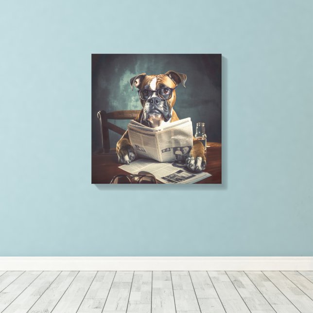 Impressão Em Tela Cachorro Cachorro Vestindo Óculos Lendo Jornal (Insitu(piso de madeira))