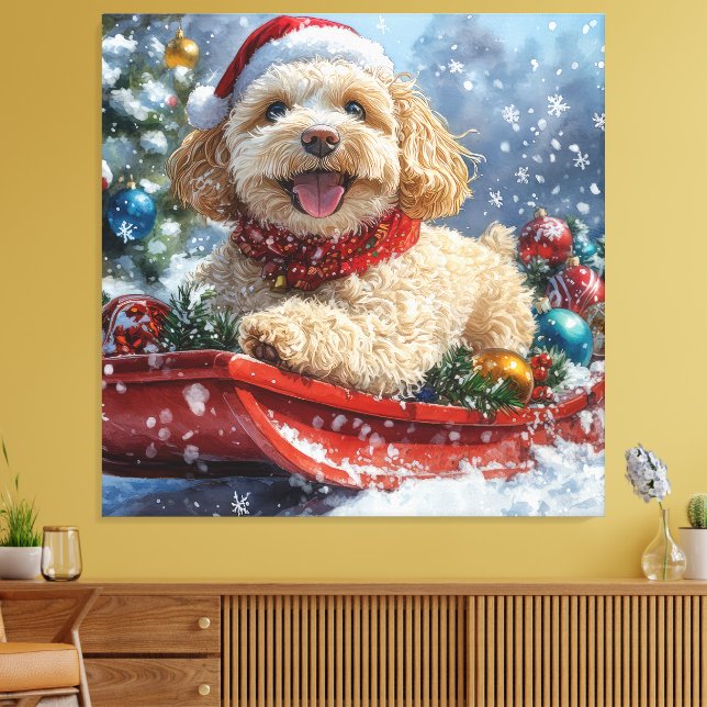 Impressão Em Tela Cachorro Cockapoo no Trenó Deixe Nevar Natal (Insitu(Sala de estar))