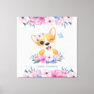 Impressão Em Tela Cachorro Corgi Fofo Coroa de Flores Borboleta Azul