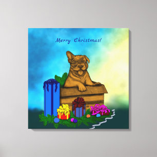 Impressão Em Tela Cachorro em Uma Caixa, Feliz Natal