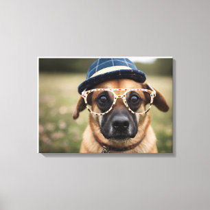 Impressão Em Tela Cachorro engraçado com óculos e chapéu
