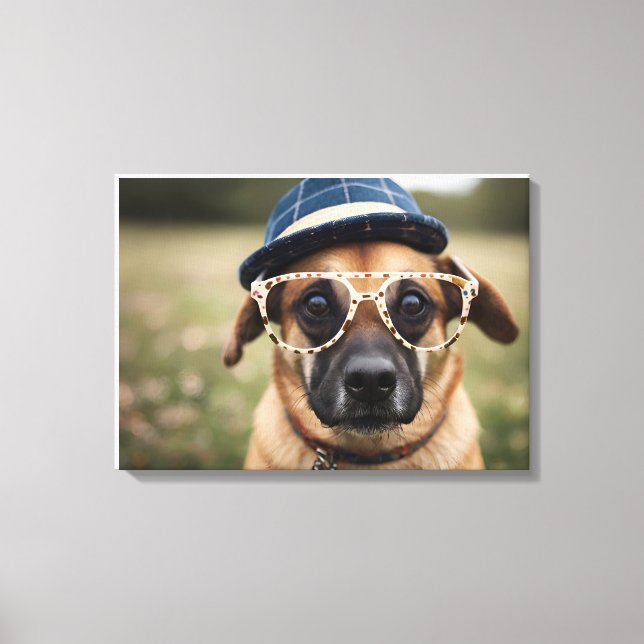Impressão Em Tela Cachorro engraçado com óculos e chapéu (Frente)