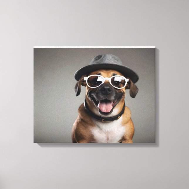 Impressão Em Tela Cachorro engraçado com óculos e chapéu (Frente)