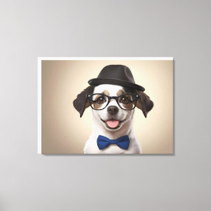 Impressão Em Tela Cachorro engraçado com óculos e chapéu