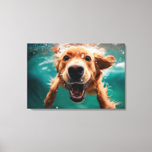 Impressão Em Tela Cachorro Feliz da Raça Golden Retriever Nadando Su