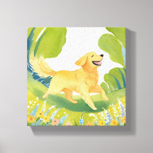 Impressão Em Tela Cachorro Golden Retriever Feliz   Pintura em Aquar