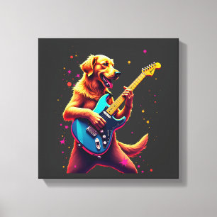 Impressão Em Tela Cachorro Golden Retriever Tocando Guitarra Elétric