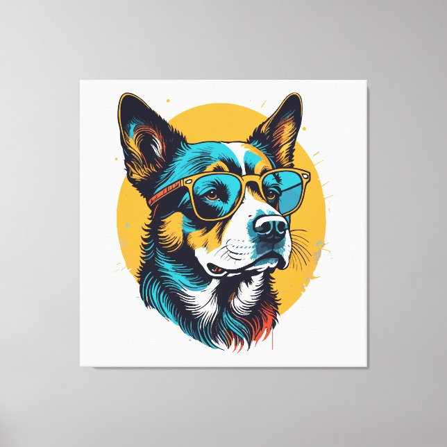 Impressão Em Tela Cachorro retrô usando óculos de sol (Frente)