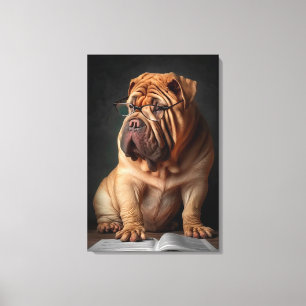 Impressão Em Tela Cachorro Shar Pei Inteligente com Design de Livro