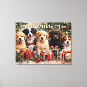 Impressão Em Tela Cachorros de Natal com Presentes Debaixo da Árvore
