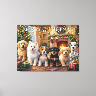 Impressão Em Tela Cachorros de Natal junto à Lareira e Árvore Decora