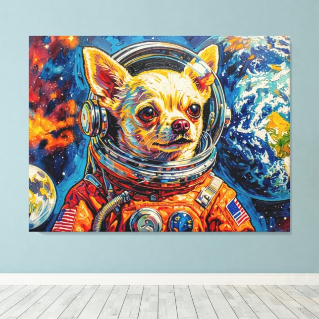 IMPRESSÃO EM TELA CÃES NO ESPAÇO-CHIHUAHUA (Insitu(piso de madeira))
