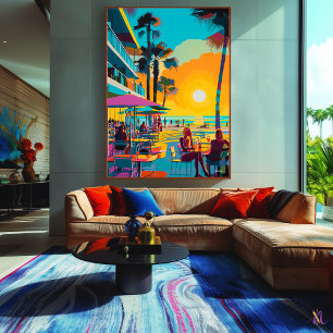 Impressão Em Tela Café à Beira-Mar de Pop Art ao Pôr do Sol
