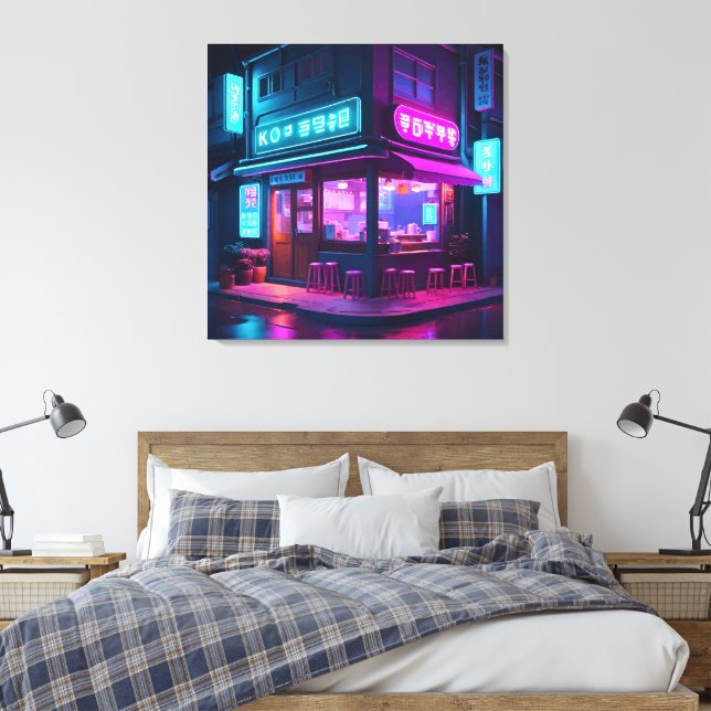 Impressão Em Tela Café Coreano Neon LoFi Arte  (Insitu(Quarto))