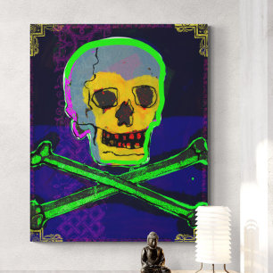 Impressão Em Tela Calavera Skull Geek NFT Art Branco Azul Verde Dour