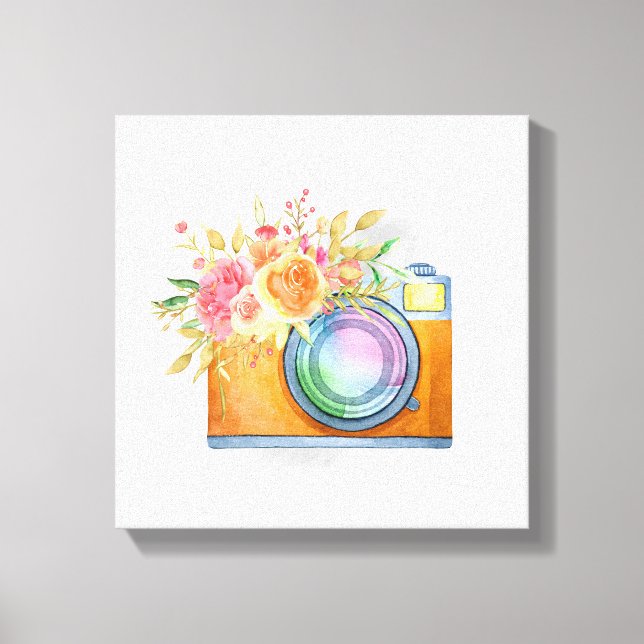 Impressão Em Tela Câmera Laranja Boho e Buquê Floral Aquarela (Frente)