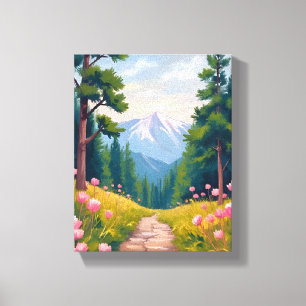 Impressão Em Tela Caminhada na Montanha   Paisagem Floral da Naturez