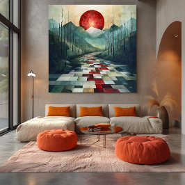 Impressão Em Tela Caminho de abstrato com Sol Vermelho e Geométrico