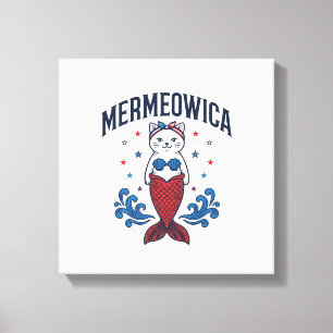 Impressão Em Tela Camiseta de sereia de gato patriota Mermeowica Des