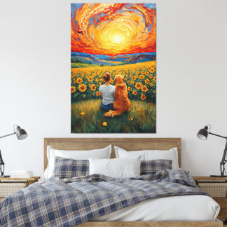 Impressão Em Tela Campo de Girassóis Pôr do Sol Arte de Cão e Menina
