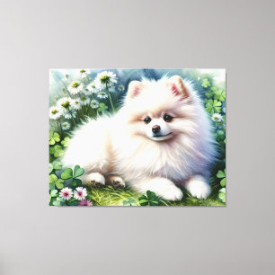 Impressão Em Tela Campo de Vestuário de Aquarela de Cão Branco Pomer