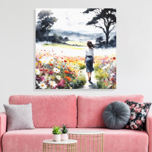 Impressão Em Tela Campo dos Sonhos – Mulher em Aquarela em Campo de 