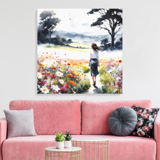 Impressão Em Tela Campo dos Sonhos – Mulher em Aquarela em Campo de
