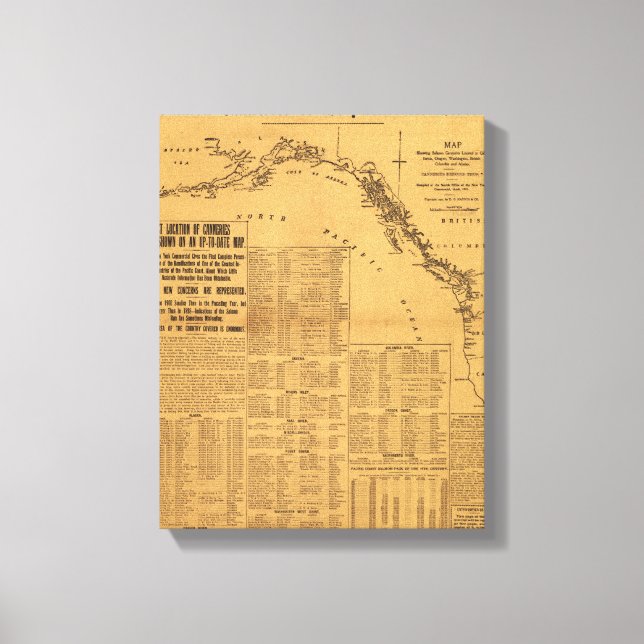 Impressão Em Tela Canerias de salmão do mapa do noroeste do Pacífico (Frente)