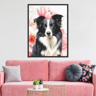 Impressão Em Tela Cão Border Collie e Lírios Rosa Ousados