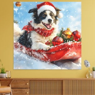 Impressão Em Tela Cão Border Collie em Trenó Deixe Nevar Natal 