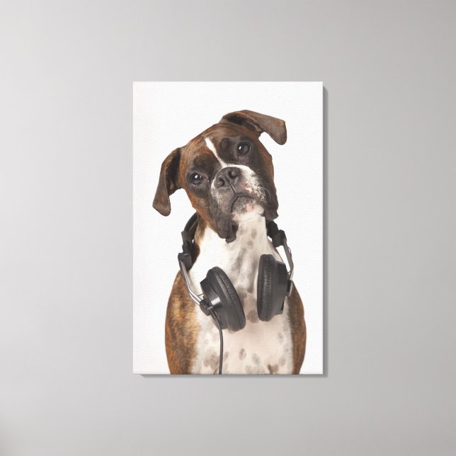 Impressão Em Tela cão-boxe com fones de ouvido (Frente)