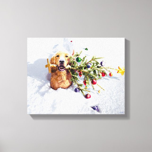 Impressão Em Tela Cão Com Árvore Na Neve (Frente)