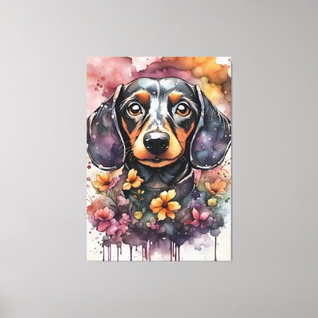 Impressão Em Tela Cão de Dachshund Cujo Cachinho é em Aquarela (Frente)