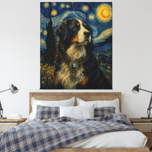 Impressão Em Tela Cão de Montanha Bernês Noite Estrelada Pintura a Ó