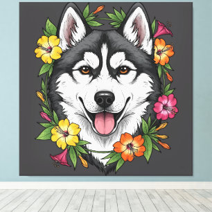 Impressão Em Tela Cão de Trenó Husky e Flores Coloridas de Mirablis