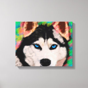 Impressão Em Tela Cão Husky Siberiano Arte Colorida Pintura em Aquar