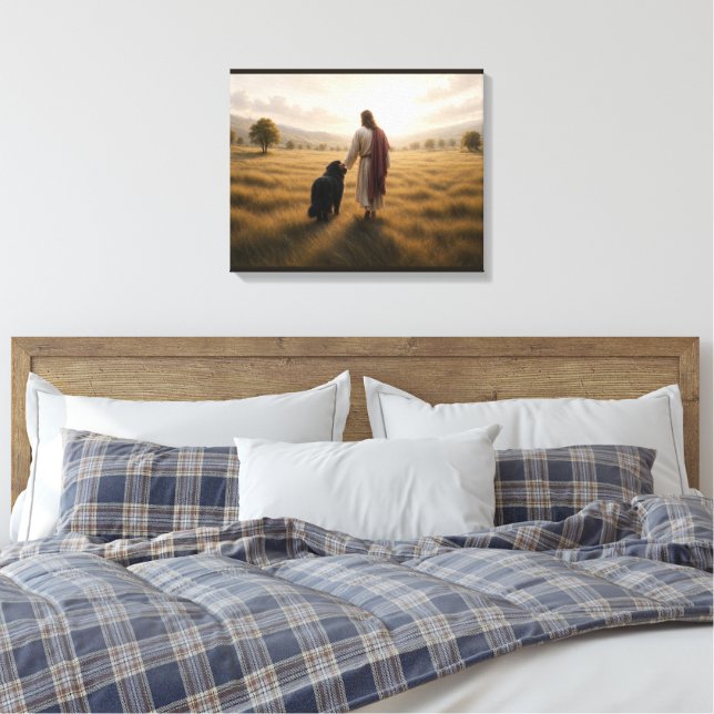 Impressão Em Tela Cão Terra Nova caminhando com Jesus (Insitu(Quarto))