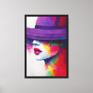 Impressão Em Tela Cara de Abstrato Colorida com Chapéu Roxo