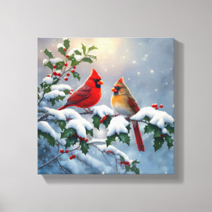 Impressão Em Tela Cardeais vermelhos e Holly na neve