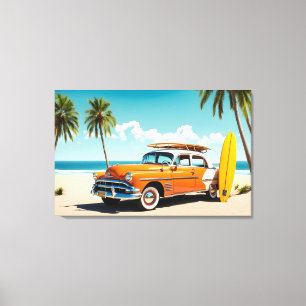 Impressão Em Tela Carro vintage na praia com conselho surf