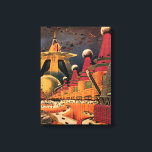 Impressão Em Tela Carro Voador de Cidade Futurista de Ficção Científ<br><div class="desc">Ilustração vintage de viagem e transporte com imagem de ficção científica com cenário urbano retrô de história em quadrinhos clássica com uma cidade do futuro. Os edifícios arquitetônicos têm forma de cones e os veículos estão voando no céu como pássaros,  enquanto multidões de pessoas se movem pela metrópole.</div>