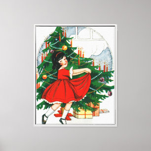 Impressão Em Tela Cartão postal de Natal retrô, criança e árvore de