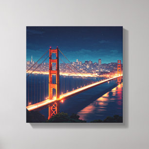 Impressão Em Tela Cartão postal noturno da Ponte Golden Gate de São 