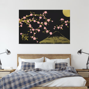 Impressão Em Tela Cartaz de tela japonês preto dourado Sakura rosa