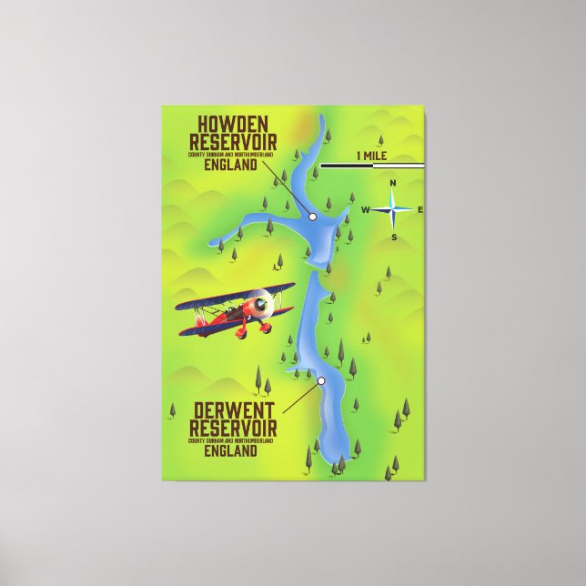 Impressão Em Tela cartaz do mapa dos reservatórios Derwent & Howden (Frente)