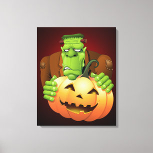 Impressão Em Tela Cartoon Frankenstein Monster com Pumpkin