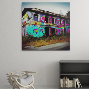 Impressão Em Tela Casa Abandonada com Grafites Coloridos